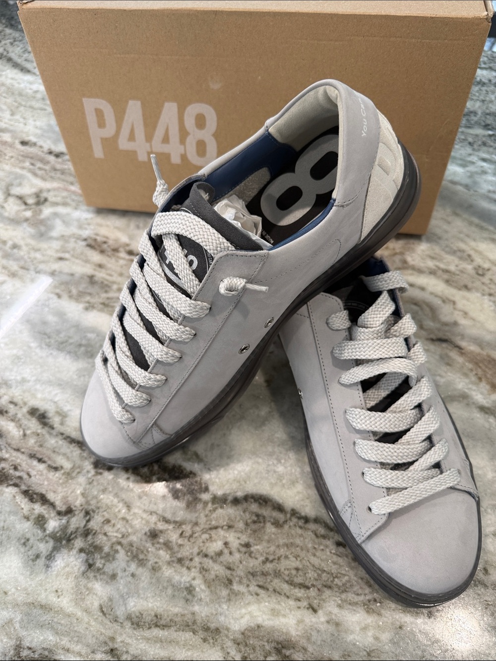 P448 Men's Light Gray Suede Low-Top Sneakers with White Laces